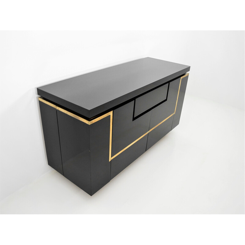 Vintage sideboard in black lacquer and brass by Jean-Claude Mahey for Maison Jansen, 1970s