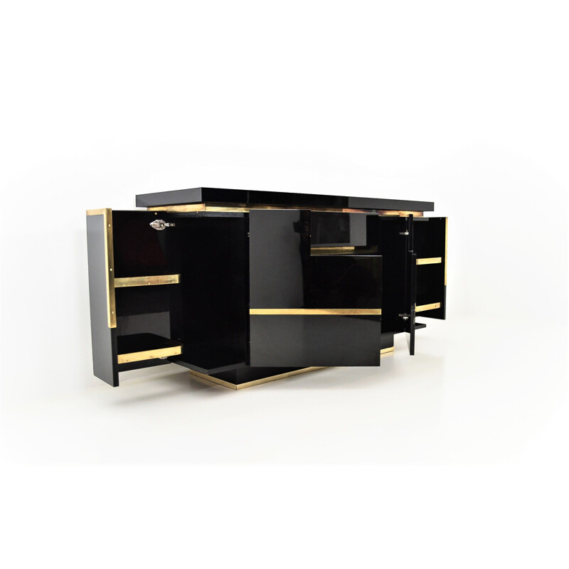 Vintage sideboard in black lacquer and brass by Jean-Claude Mahey for Maison Jansen, 1970s