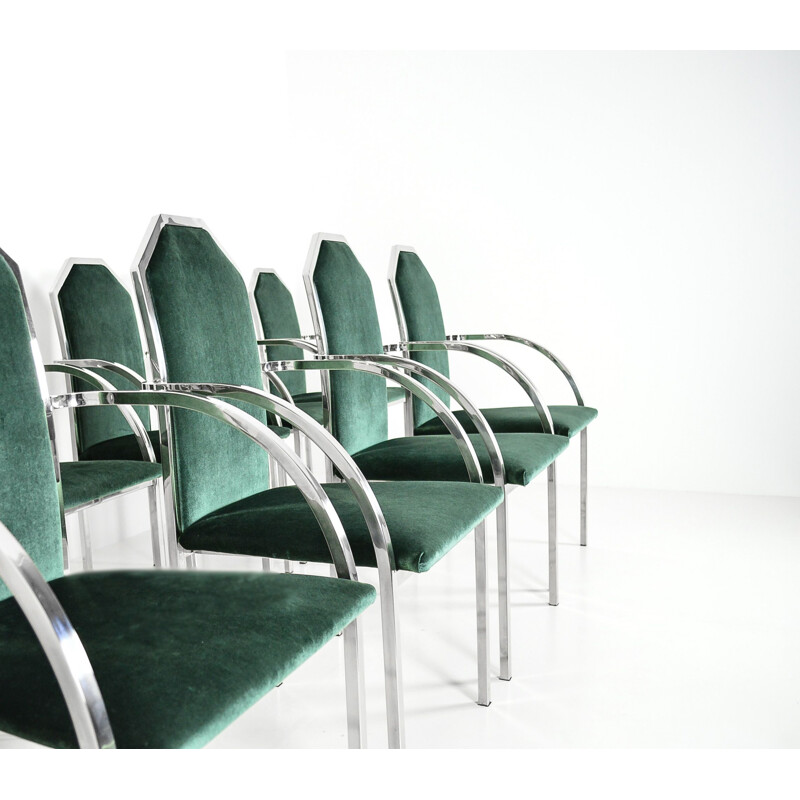 Satz von 8 Vintage-Stühlen in grünem Samt von Belgo Chrom, 1980