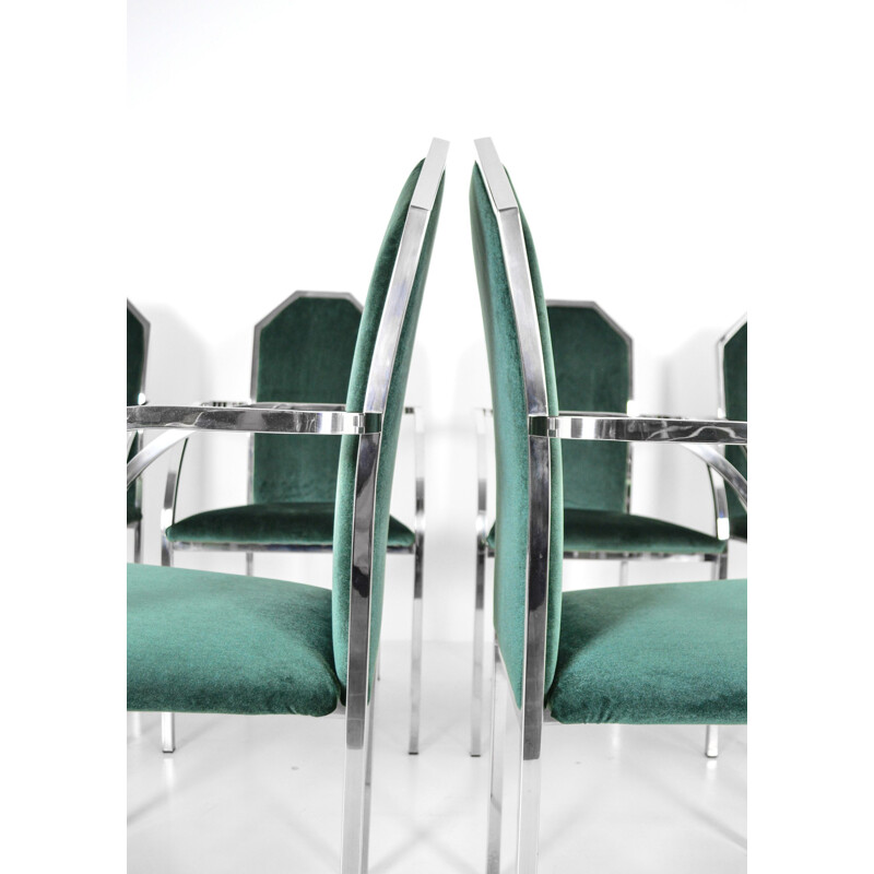 Juego de 8 sillas vintage de terciopelo verde de Belgo Chrom, 1980