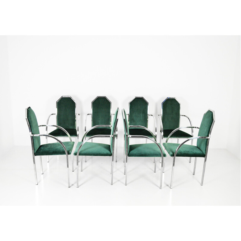 Ensemble de 8 chaises vintage en velours vert par Belgo Chrom, 1980