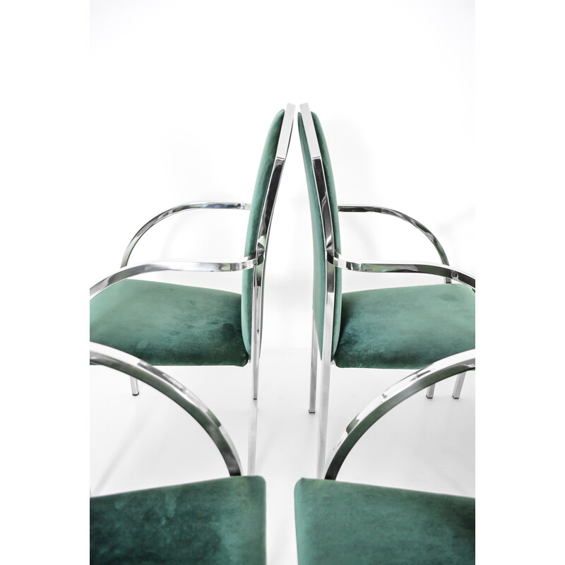 Satz von 8 Vintage-Stühlen in grünem Samt von Belgo Chrom, 1980