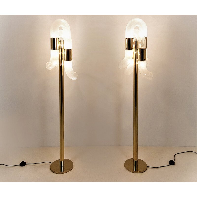 Pair of vintage floor lamps in brass and Murano glass by Aldo Nason for Mazzega, Italy 1970s