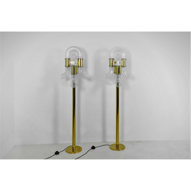 Pair of vintage floor lamps in brass and Murano glass by Aldo Nason for Mazzega, Italy 1970s