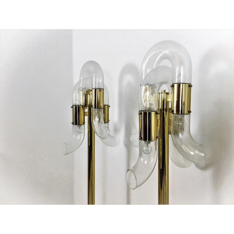 Pair of vintage floor lamps in brass and Murano glass by Aldo Nason for Mazzega, Italy 1970s