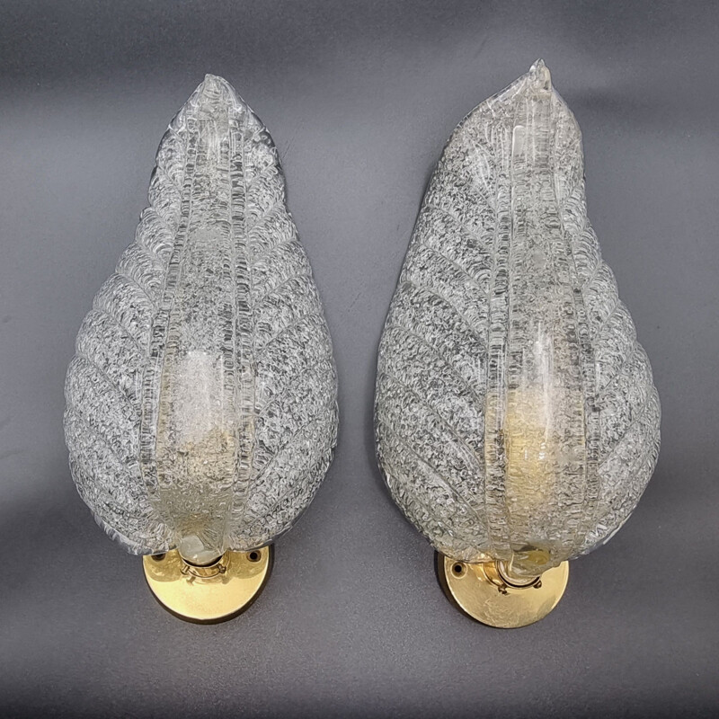 Pair of vintage Murano glass leaf wall lamps by Barovier & Toso, Italy 1950s