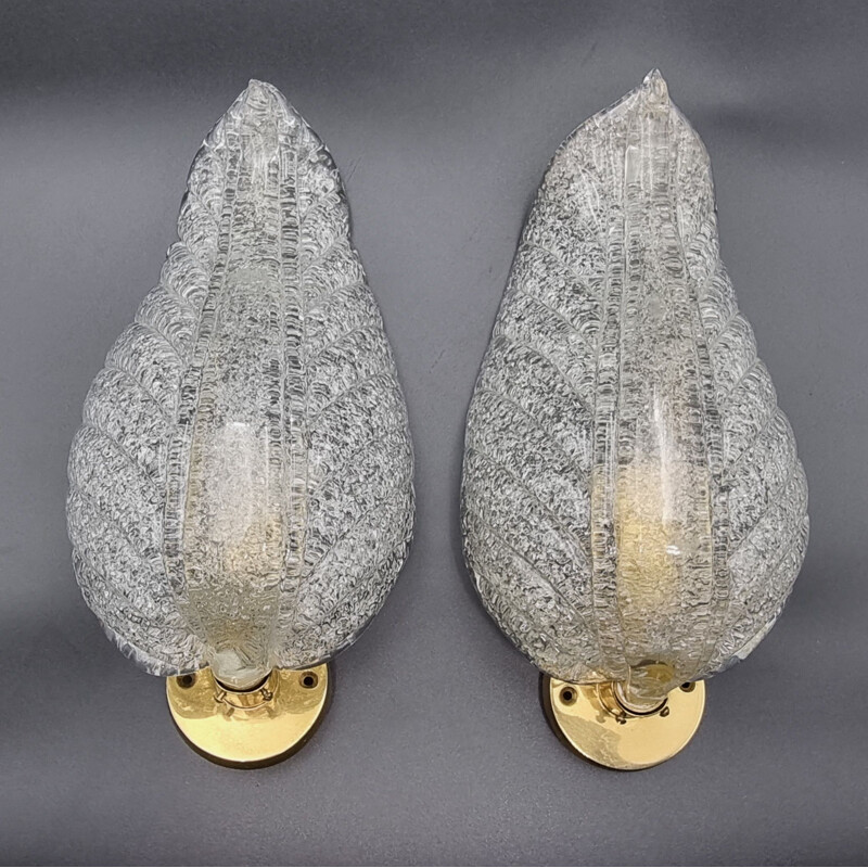 Pair of vintage Murano glass leaf wall lamps by Barovier & Toso, Italy 1950s