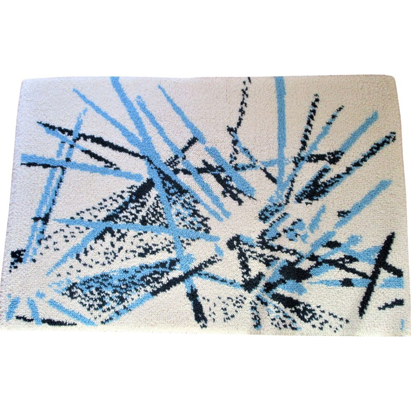 Tapis vintage bleu et blanc, 1970