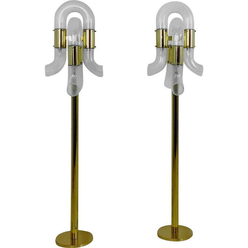 Pair of vintage floor lamps in brass and Murano glass by Aldo Nason for Mazzega, Italy 1970s