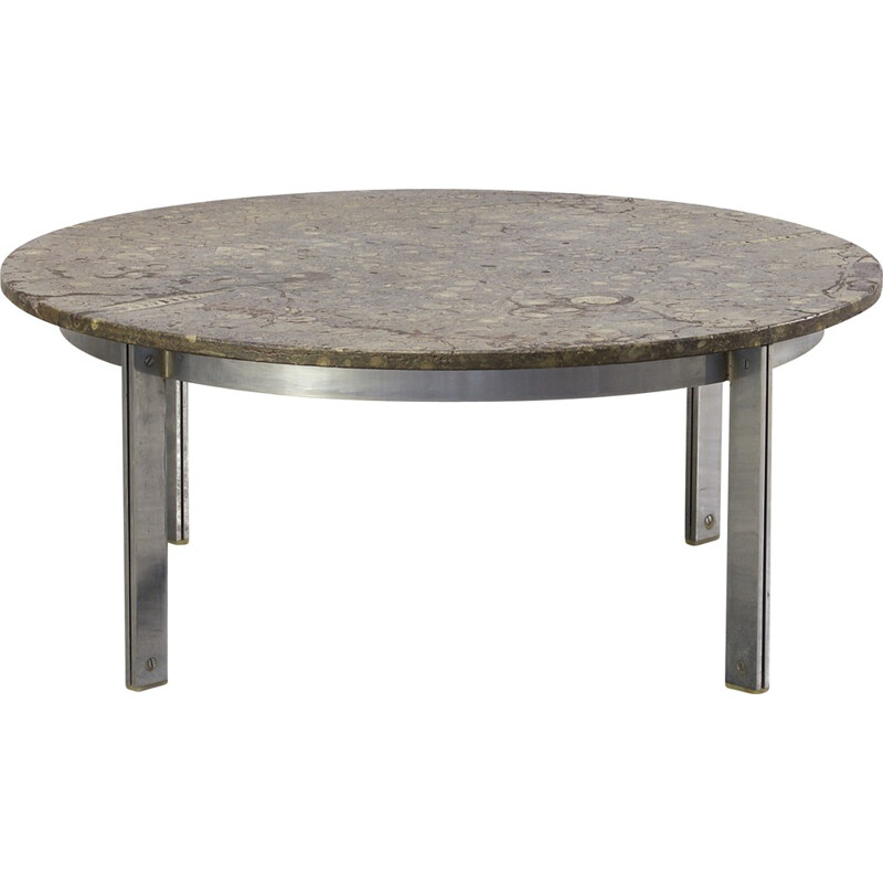 Round "expertise 0305" coffee table in fossile stone and aluminum, Ronald SCHMITT - 1970s