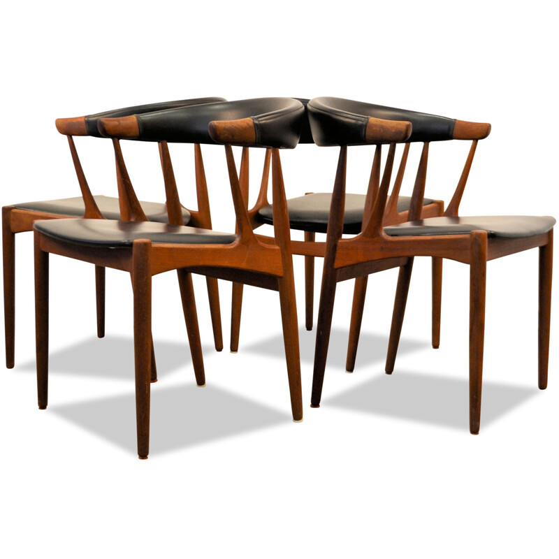 Set of 4 Danish dining chairs in teak and black leatherette, Johannes ANDERSEN - 1960s