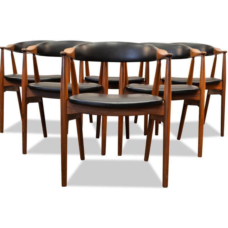 Suite de 6 chaises scandinaves Farstrup en teck et simili cuir noir - 1960 