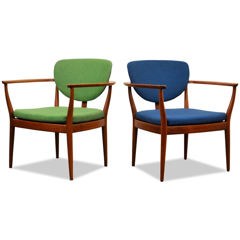 Paire de fauteuils scandinaves en teck et tissu bleu et vert - 1960