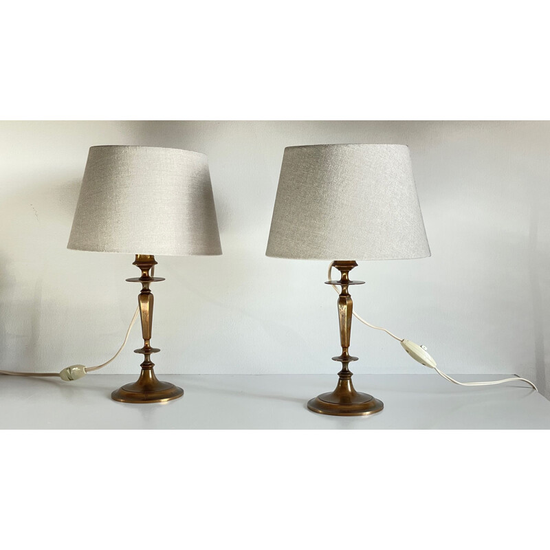 Pair of vintage lamps in solid brass and grey fabric