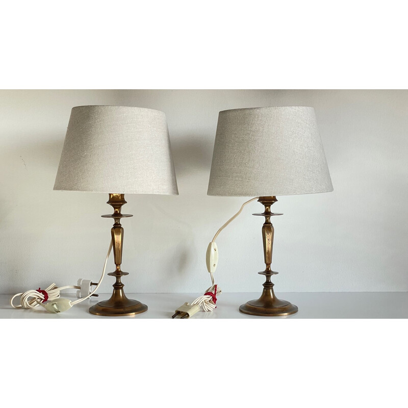 Pair of vintage lamps in solid brass and grey fabric