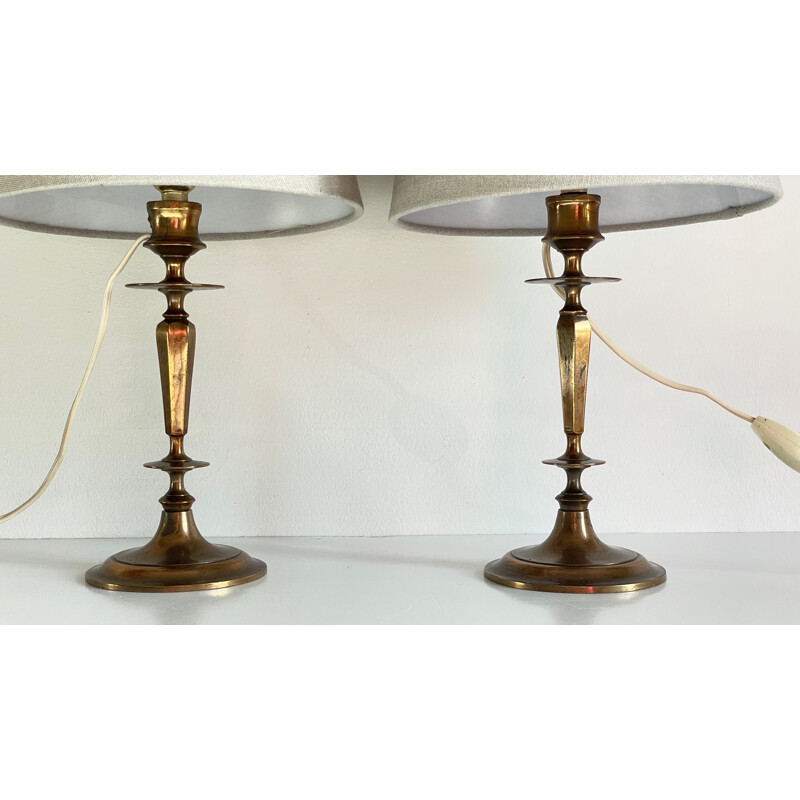 Pair of vintage lamps in solid brass and grey fabric