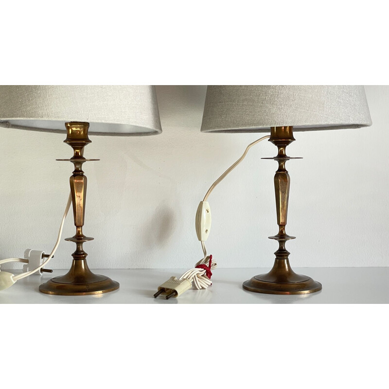 Pair of vintage lamps in solid brass and grey fabric