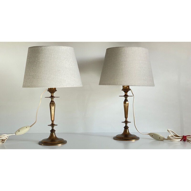 Pair of vintage lamps in solid brass and grey fabric