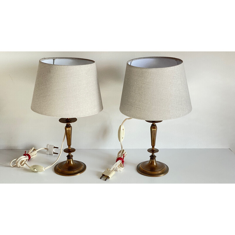 Pair of vintage lamps in solid brass and grey fabric