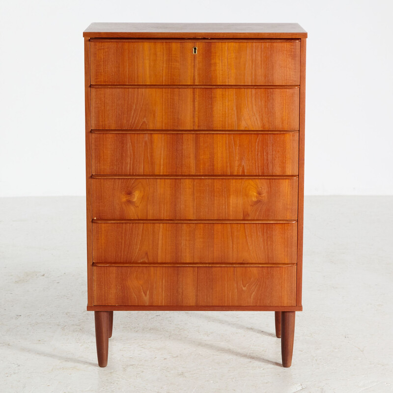 Teak vintage chest of drawers on cylindrical legs, Denmark