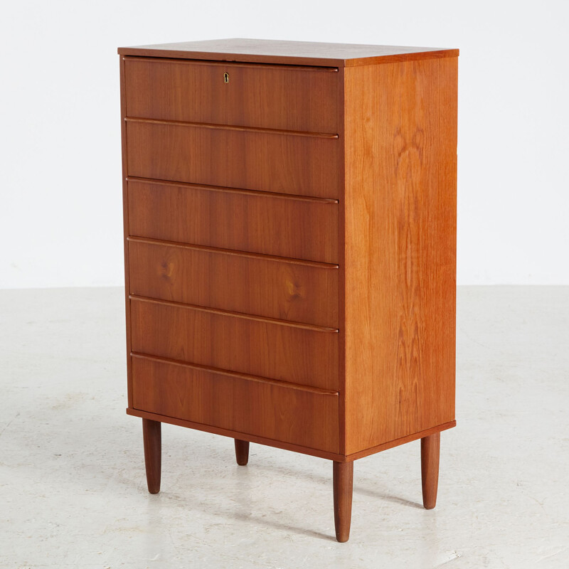 Teak vintage chest of drawers on cylindrical legs, Denmark