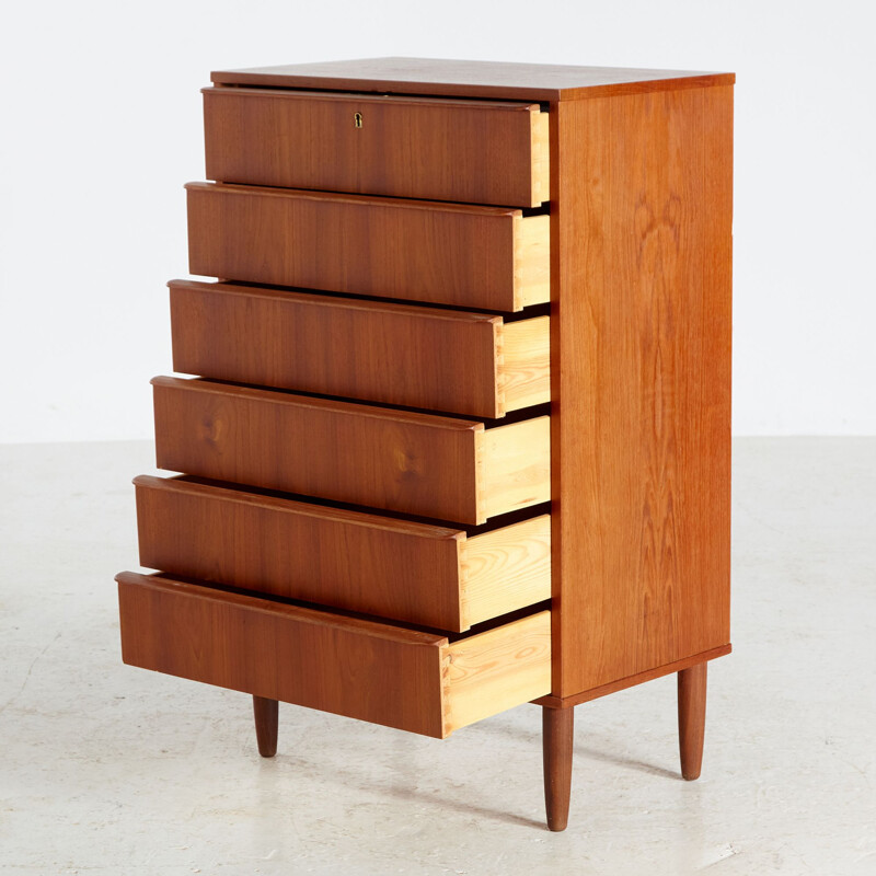 Teak vintage chest of drawers on cylindrical legs, Denmark