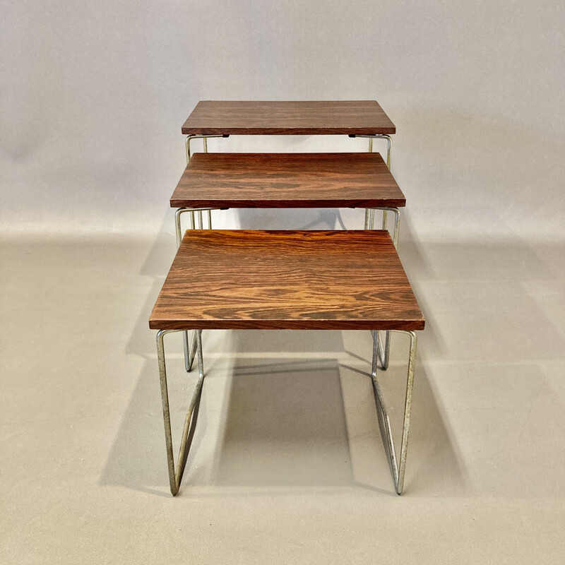 Vintage nesting tables in metal and rosewood, 1950