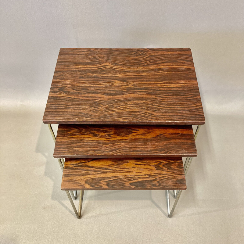 Vintage nesting tables in metal and rosewood, 1950