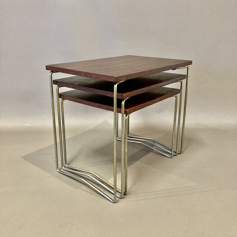 Vintage nesting tables in metal and rosewood, 1950