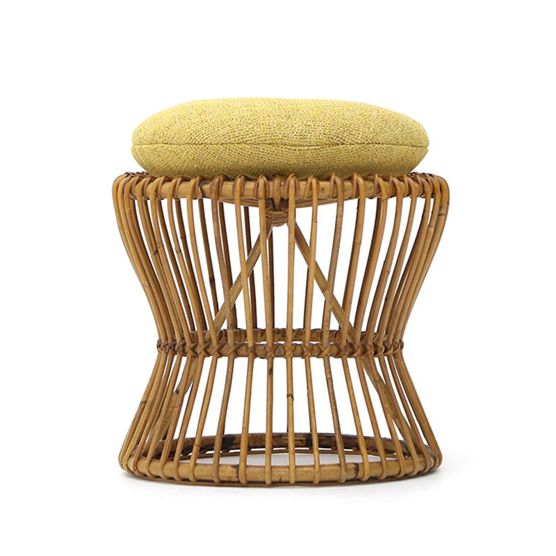 Vintage rattan stool with yellow fabric cushion, 1950s