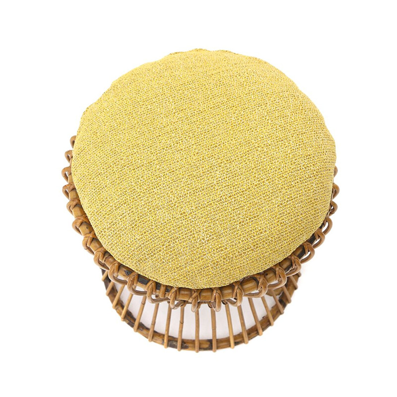 Vintage rattan stool with yellow fabric cushion, 1950s