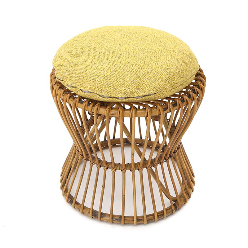 Vintage rattan stool with yellow fabric cushion, 1950s