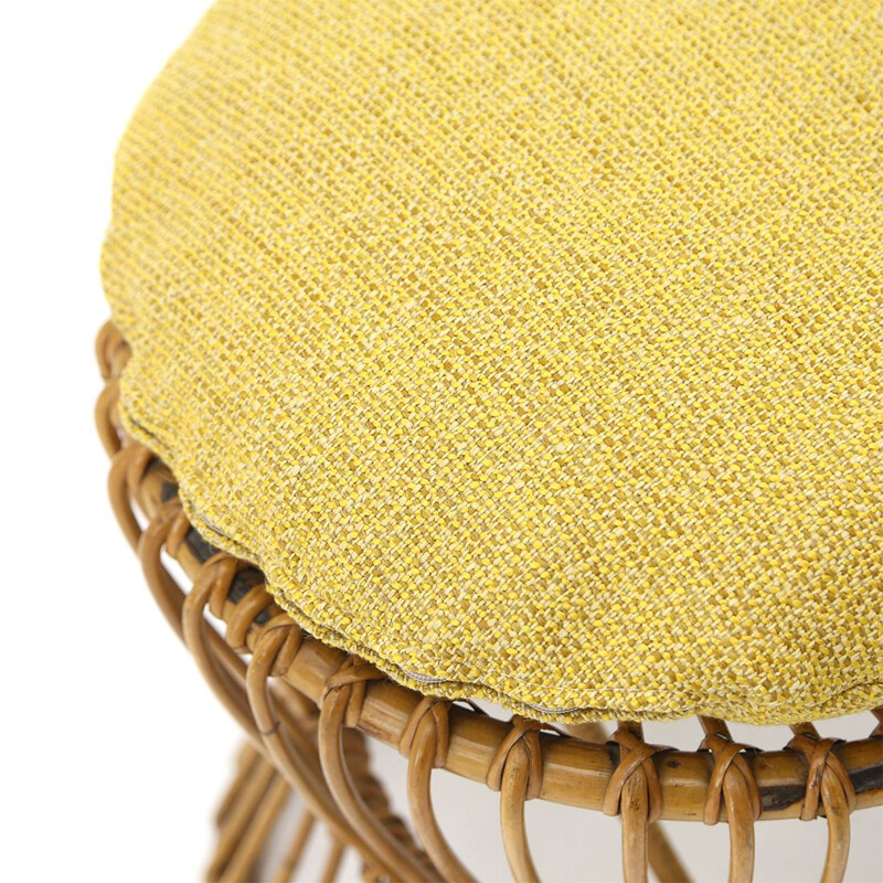 Vintage rattan stool with yellow fabric cushion, 1950s