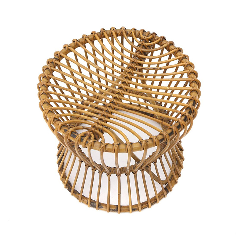 Vintage rattan stool with yellow fabric cushion, 1950s