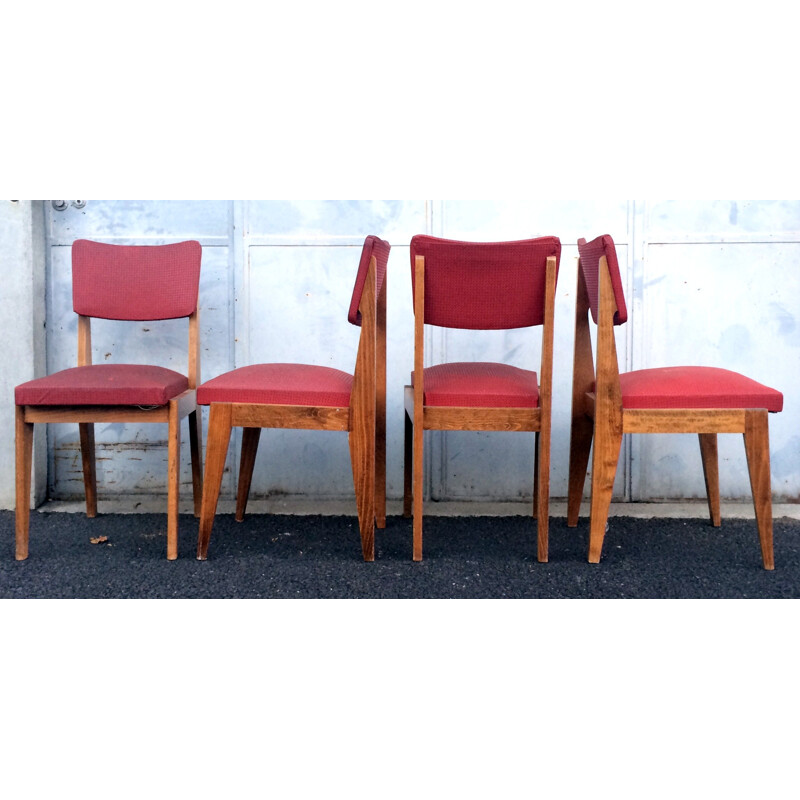 Ensemble de 4 chaises vintage en chêne massif et skai rouge - 1950