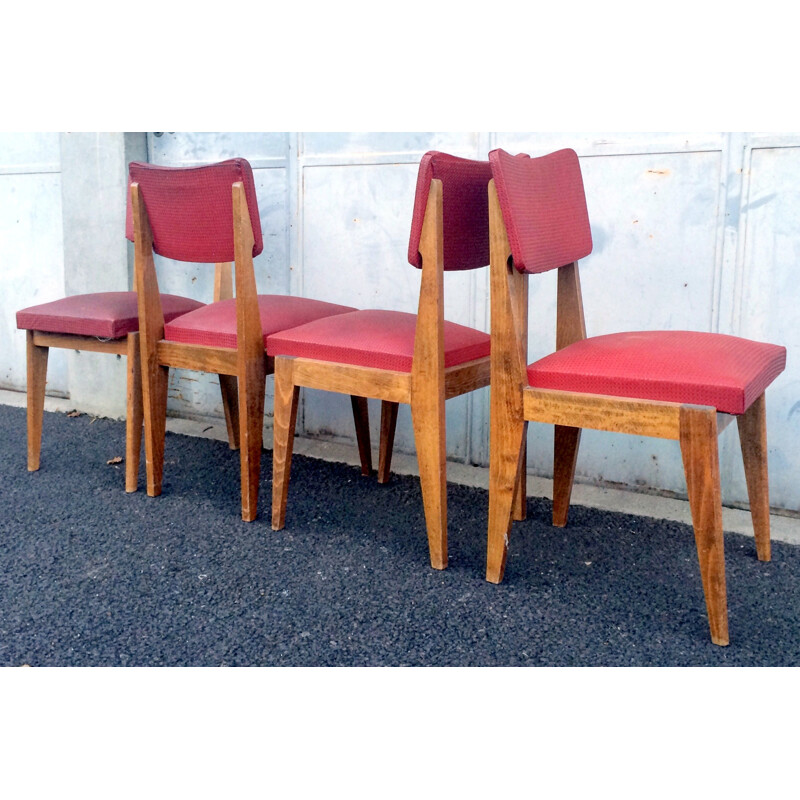 Set of 4 chairs in solid oak and red skai - 1950s