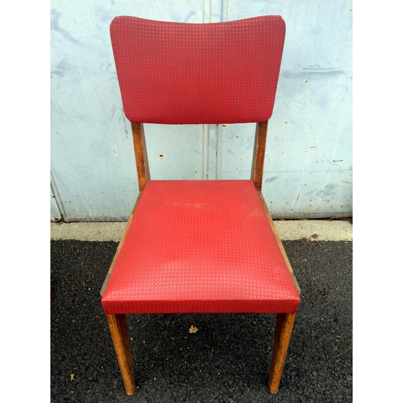 Ensemble de 4 chaises vintage en chêne massif et skai rouge - 1950