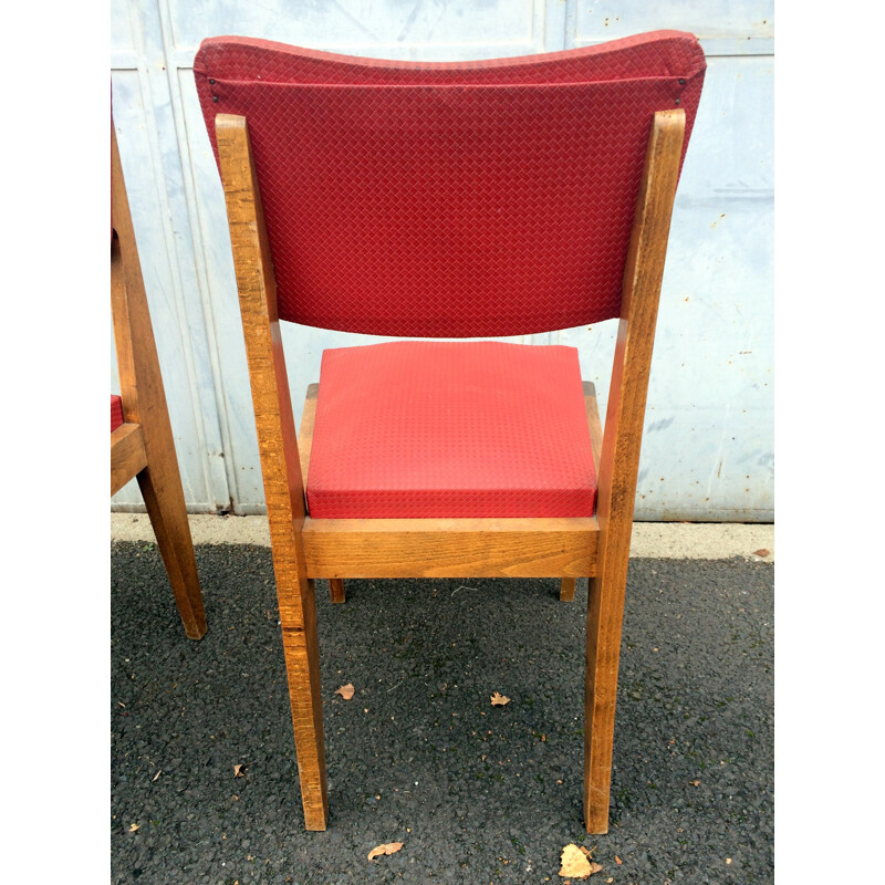 Set of 4 chairs in solid oak and red skai - 1950s
