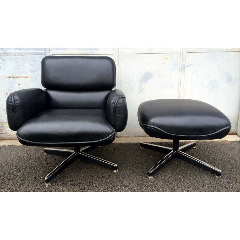 Knoll lounge chair with ottoman in black leather, Otto ZAPF - 1970s