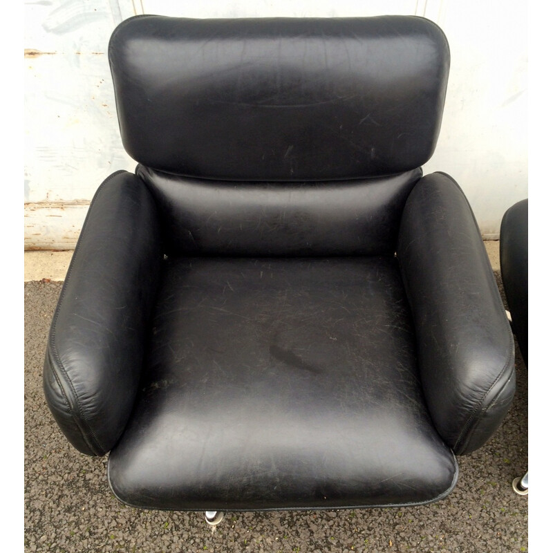 Knoll lounge chair with ottoman in black leather, Otto ZAPF - 1970s