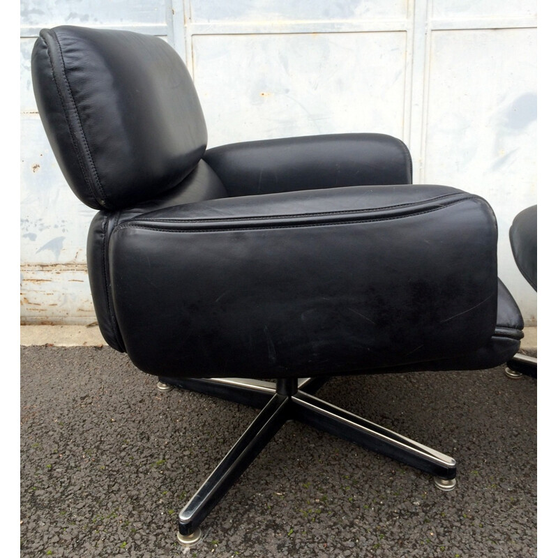 Knoll lounge chair with ottoman in black leather, Otto ZAPF - 1970s