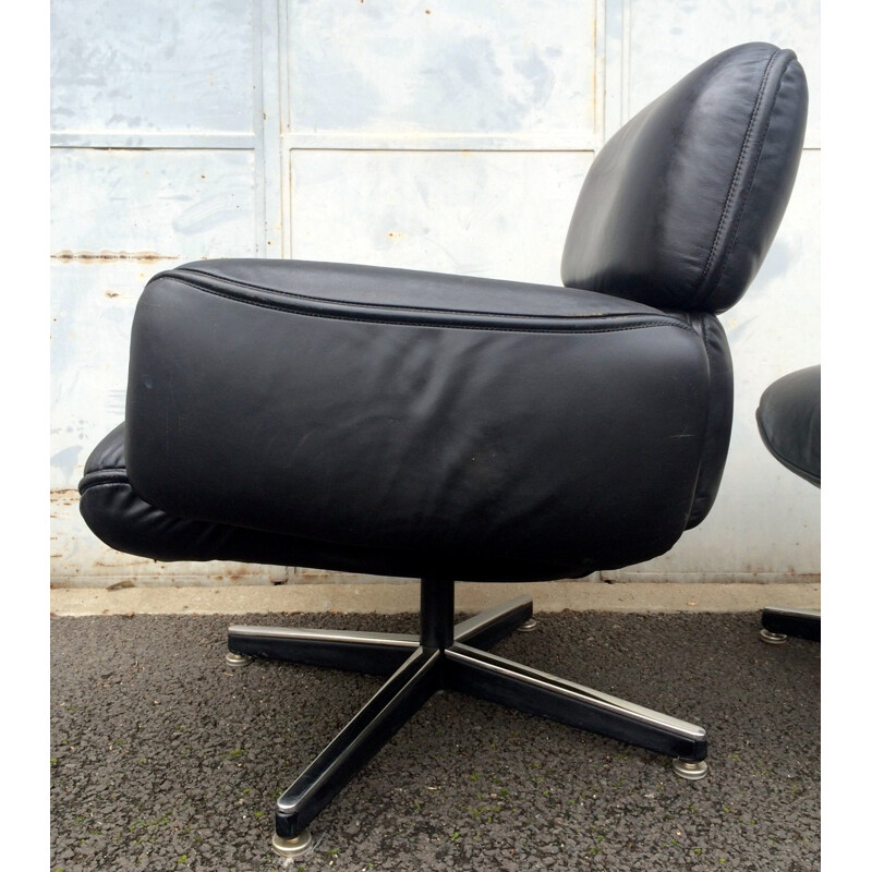 Knoll lounge chair with ottoman in black leather, Otto ZAPF - 1970s