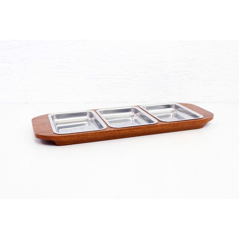 Vintage teak and aluminum serving tray, 1960