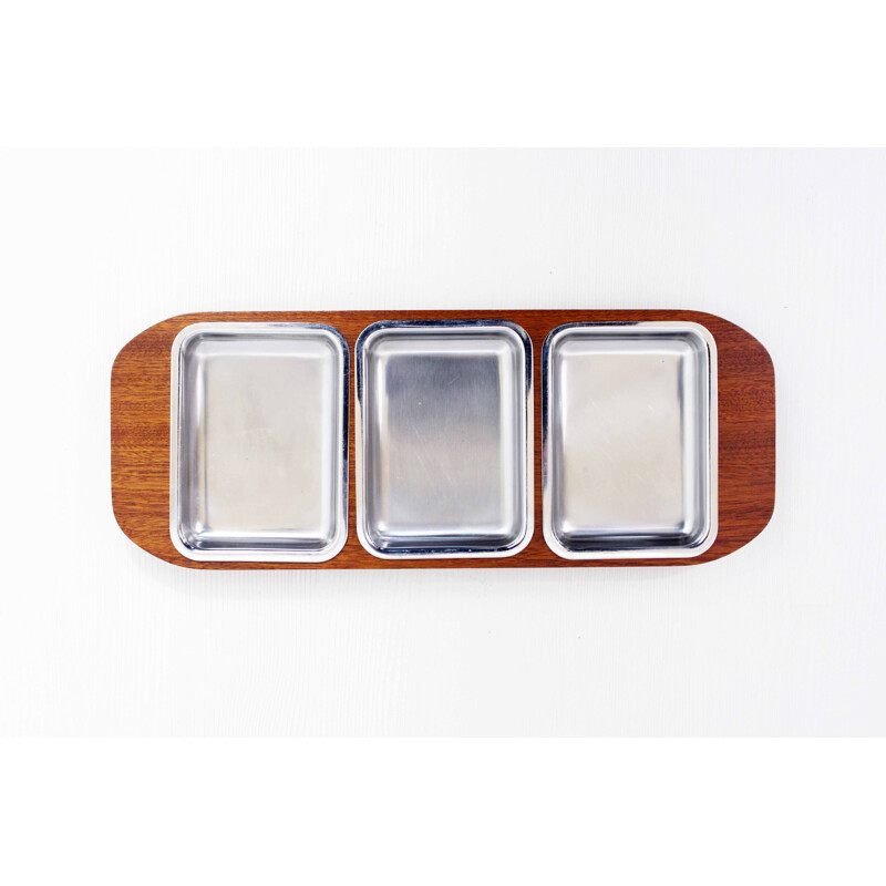 Vintage teak and aluminum serving tray, 1960