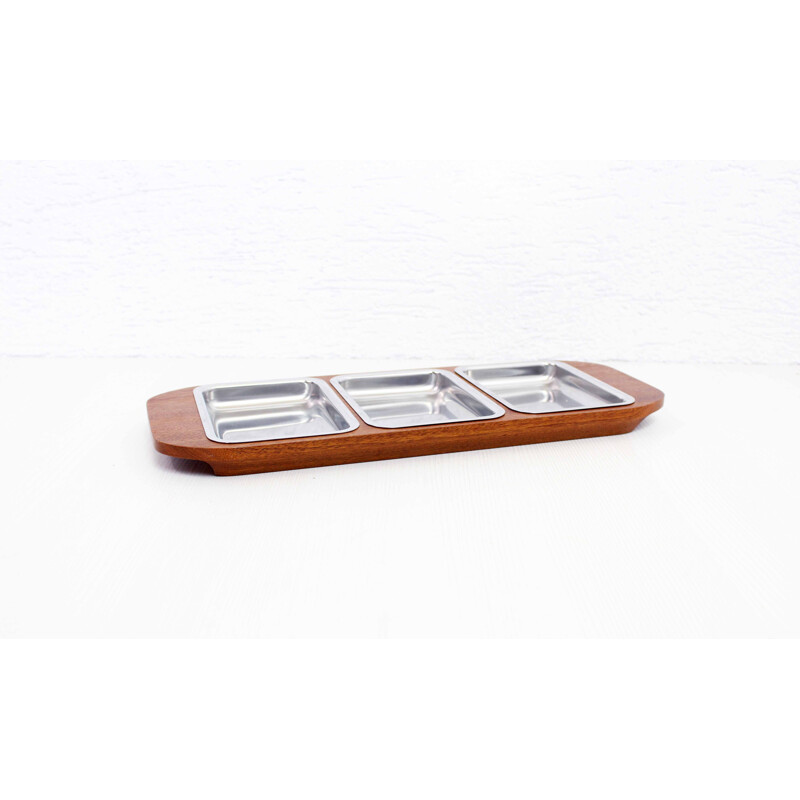 Vintage teak and aluminum serving tray, 1960