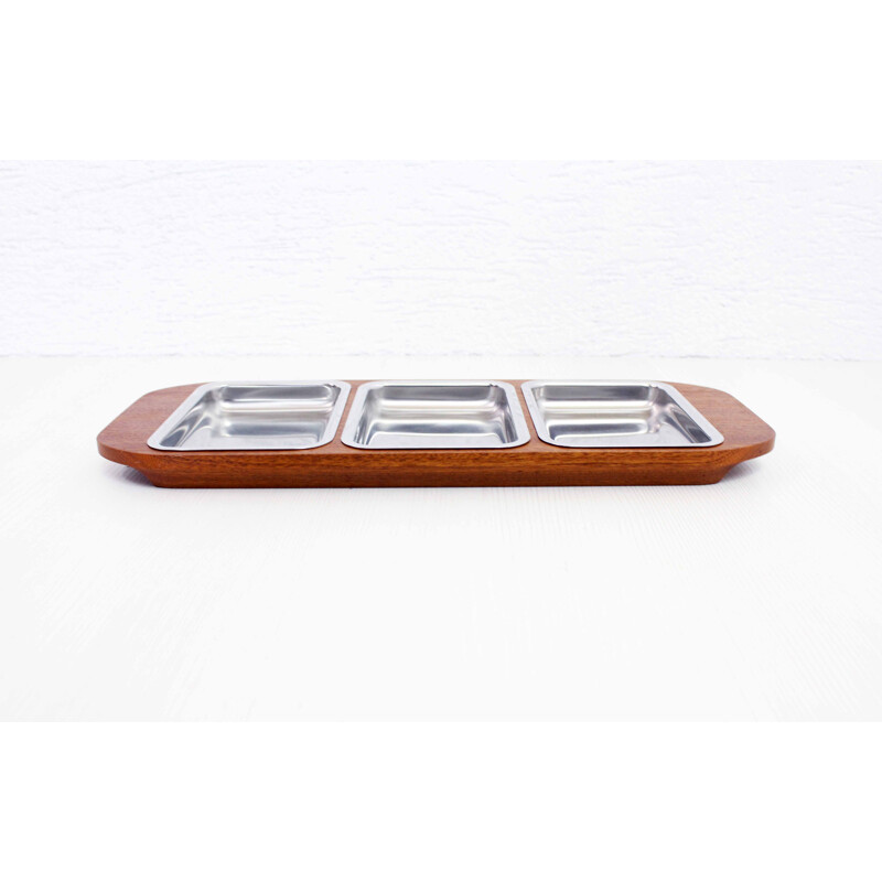 Bandeja vintage de teca y aluminio para servir, 1960