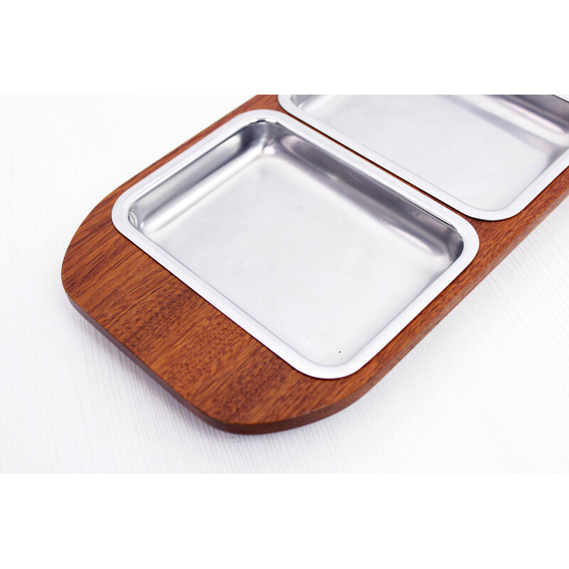 Vintage teak and aluminum serving tray, 1960