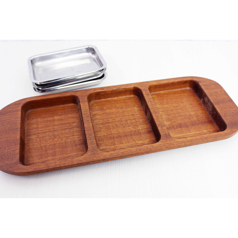 Vintage teak and aluminum serving tray, 1960