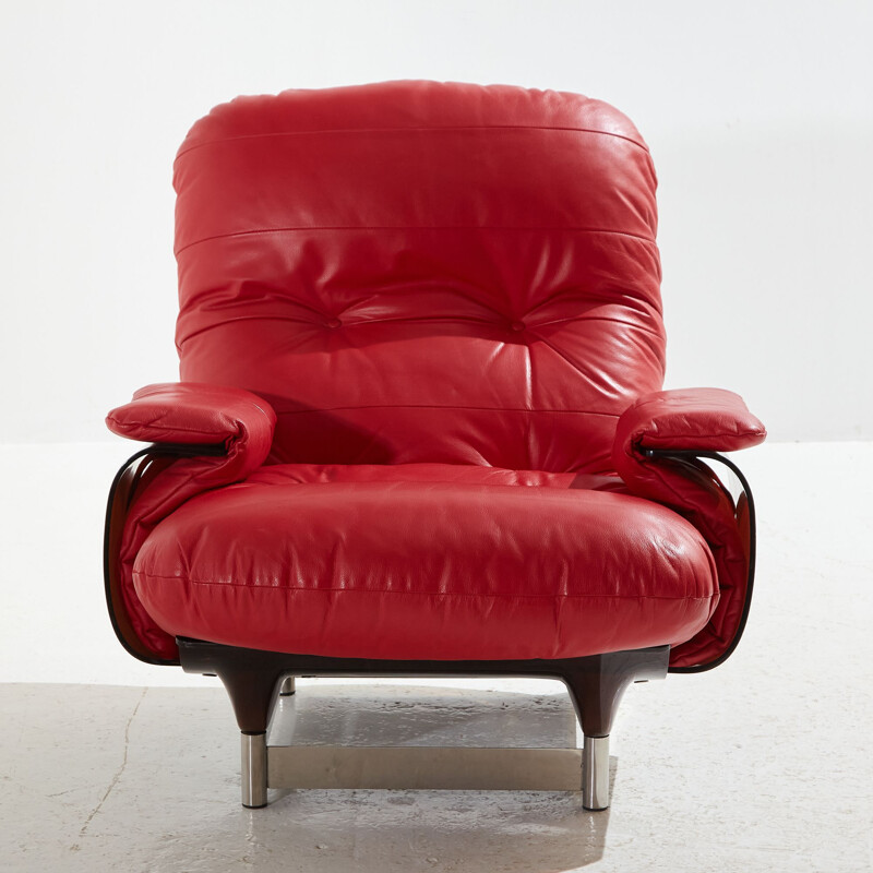 Vintage fauteuil in Marsala rood leer van Michel Ducaroy voor Ligne Roset