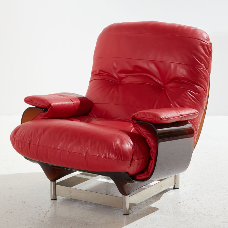 Vintage fauteuil in Marsala rood leer van Michel Ducaroy voor Ligne Roset